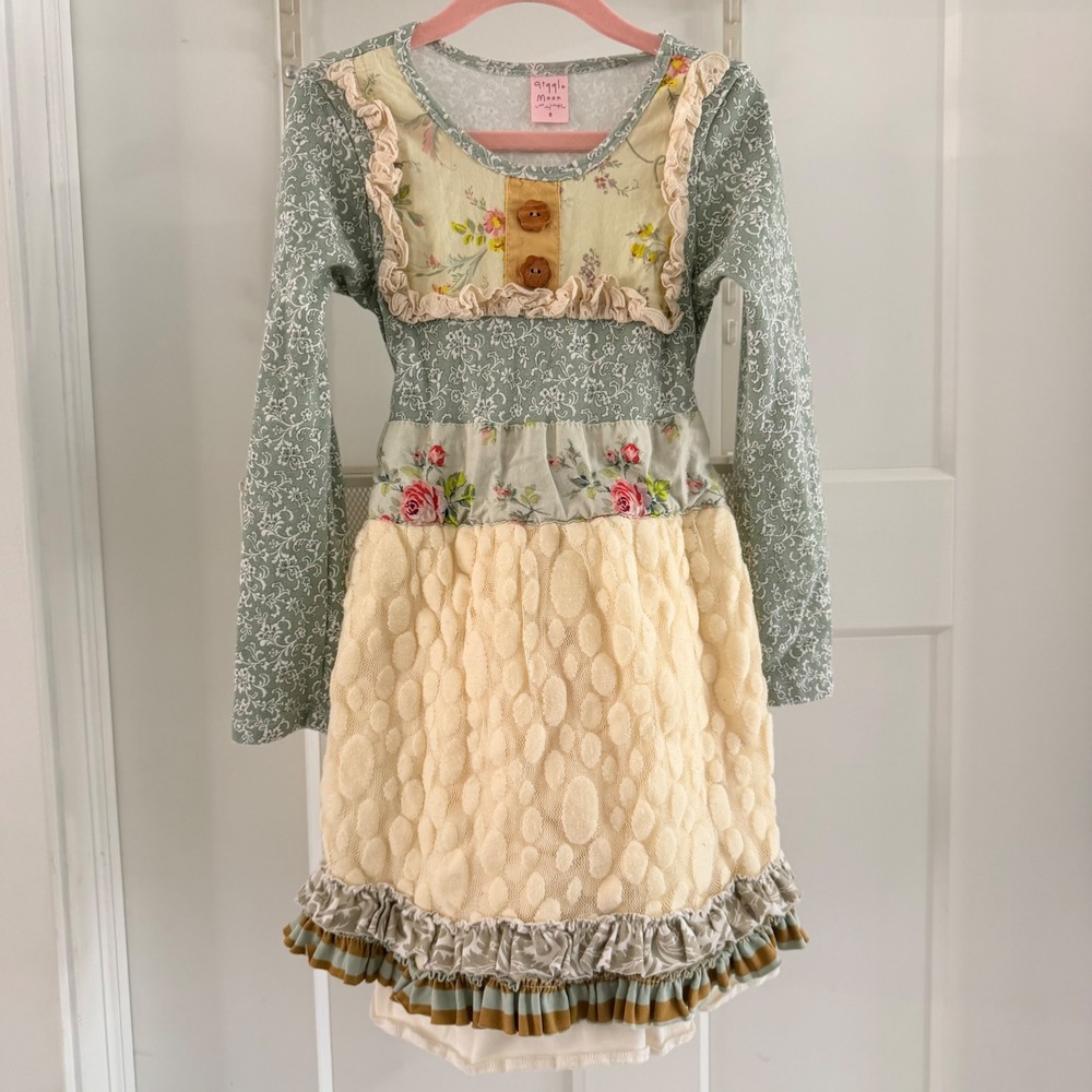 Giggle Moon Girls Floral Mixed Media Ruffle Lace Bow back Dress Size 8